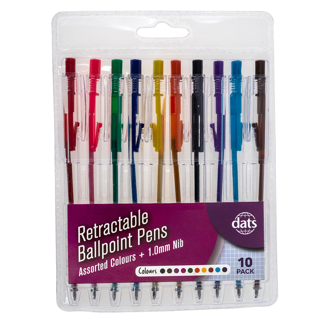 Pen Ballpoint Retractable 10pk Mixed Ink Cols